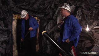 Coal miners get to fuck a busty brunette slut in a threesome