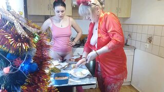 Erotic New Year's Eve cooking in a thong and beautiful lingerie