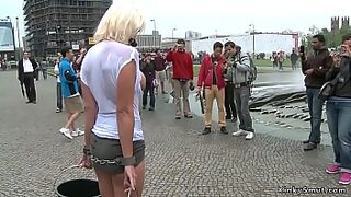 Busty blonde Euro slave Milf d  in public outdoor then whipped by master Steve Holmes
