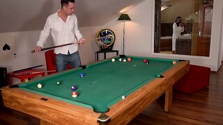 Hot Pool Table Fuck with Stockings and Legs up