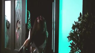 Booty Threesomes Scene-4 Hot Brunette girls Fucking in the Alley with a Latex Masked Man