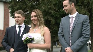 Brunette babe in wedding dress gets fucked hard