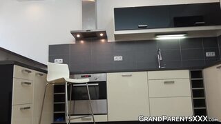 Petite teen sucks old mans cock with hot granny in