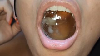 Making a pool of piss and cumming inside her mouth