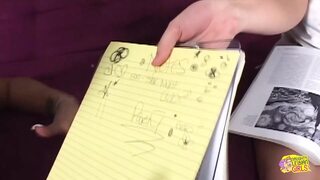 Dirty brunette lesbian corrupts studious pal with giant knockers and