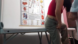 Gynecologist sticks dildo in pussy, fingers in ass and fucks