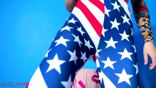 Dirty blonde solo in fishnets, blow job close-up, red wig