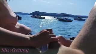 French Milf Handjob Amateur on Nude Beach public in Greece to stranger with Cumshot - MissCreamy porn