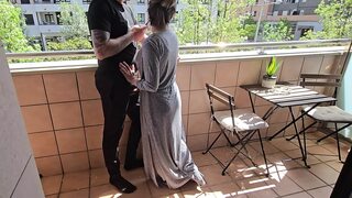 Busty Girl Sucks Her Friend's Cock on a Hotel Balcony!! Risky Sex!