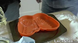 Lacey Starr and inked babe make food and eat pussy