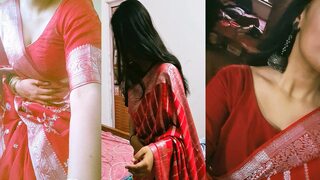 Desi village Bhabhi tight pussy hard sex video, Indian slut wife wearing beautiful red saree